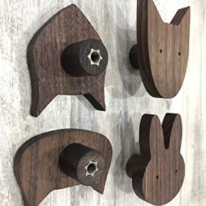 Tsnamay 4 Pack Animal Wood Wall Hooks, Black Walnut Unfinished Solid Wood Coat Hooks Wall Mounted for Hanging Bathroom Towels Clothes Hanger，Pattern Rabbit Cat Dog Fox