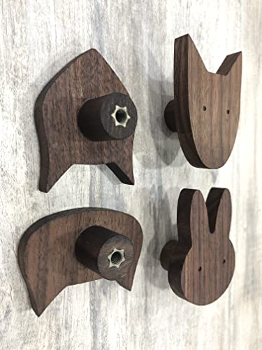 Tsnamay 4 Pack Animal Wood Wall Hooks, Black Walnut Unfinished Solid Wood Coat Hooks Wall Mounted for Hanging Bathroom Towels Clothes Hanger，Pattern Rabbit Cat Dog Fox