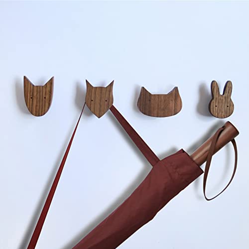 Tsnamay 4 Pack Animal Wood Wall Hooks, Black Walnut Unfinished Solid Wood Coat Hooks Wall Mounted for Hanging Bathroom Towels Clothes Hanger，Pattern Rabbit Cat Dog Fox