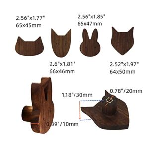 Tsnamay 4 Pack Animal Wood Wall Hooks, Black Walnut Unfinished Solid Wood Coat Hooks Wall Mounted for Hanging Bathroom Towels Clothes Hanger，Pattern Rabbit Cat Dog Fox