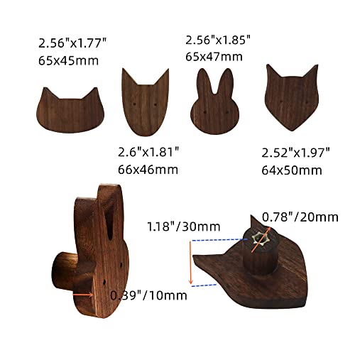 Tsnamay 4 Pack Animal Wood Wall Hooks, Black Walnut Unfinished Solid Wood Coat Hooks Wall Mounted for Hanging Bathroom Towels Clothes Hanger，Pattern Rabbit Cat Dog Fox