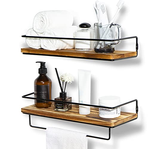 Y&M Floating Shelves Bathroom with Removable Towel Rack, Rustic Wall Mounted Storage Shelf for Bedroom, Office, Kitchen, Entryway Decor, Carbonized Pine Wood Board, Black Metal Frame - Set of 2