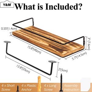 Y&M Floating Shelves Bathroom with Removable Towel Rack, Rustic Wall Mounted Storage Shelf for Bedroom, Office, Kitchen, Entryway Decor, Carbonized Pine Wood Board, Black Metal Frame - Set of 2