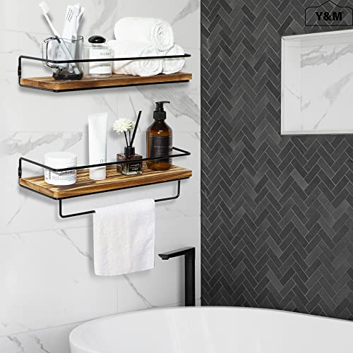 Y&M Floating Shelves Bathroom with Removable Towel Rack, Rustic Wall Mounted Storage Shelf for Bedroom, Office, Kitchen, Entryway Decor, Carbonized Pine Wood Board, Black Metal Frame - Set of 2