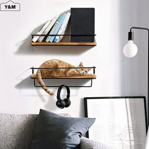 Y&M Floating Shelves Bathroom with Removable Towel Rack, Rustic Wall Mounted Storage Shelf for Bedroom, Office, Kitchen, Entryway Decor, Carbonized Pine Wood Board, Black Metal Frame - Set of 2