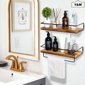 Y&M Floating Shelves Bathroom with Removable Towel Rack, Rustic Wall Mounted Storage Shelf for Bedroom, Office, Kitchen, Entryway Decor, Carbonized Pine Wood Board, Black Metal Frame - Set of 2