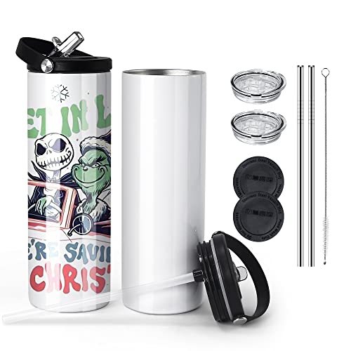 AGH 2 Pack Sublimation Tumblers 20 oz Skinny with Flip Straw, Leak Proof Sublimation Kids Water Bottle Insulated, Stainless Steel Double Wall Coffee Tumbler, Sport Bottle Canteen Thermos