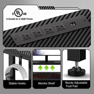 Rolanstar L Shaped Gaming Desk with LED Lights & Power Outlets, 56" Computer Desk with Full Monitor Stand & Storage Shelf, Corner Desk with Hooks, Carbon Fiber Desk Reversible