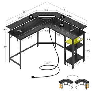 Rolanstar L Shaped Gaming Desk with LED Lights & Power Outlets, 56" Computer Desk with Full Monitor Stand & Storage Shelf, Corner Desk with Hooks, Carbon Fiber Desk Reversible