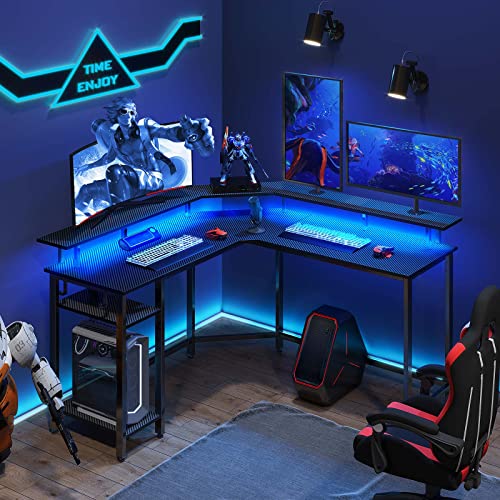 Rolanstar L Shaped Gaming Desk with LED Lights & Power Outlets, 56" Computer Desk with Full Monitor Stand & Storage Shelf, Corner Desk with Hooks, Carbon Fiber Desk Reversible