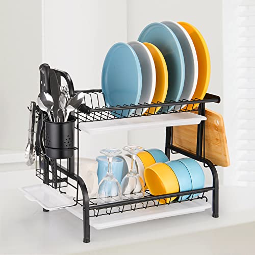 JOFTIX Dish Drying Rack, 2 Tier Stainless Steel Dish Rack for Kitchen Counter, Large Rust-Proof Dish Drainer with Drainboard, Utensil Holder, Cutting Board Holder, Black