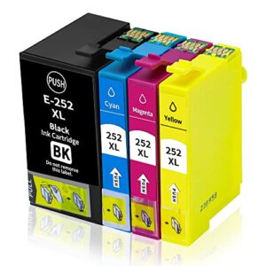 remanufactured ink cartridge replacement for epson 252xl t252xl to use with workforce wf-7620 wf-7710 wf-3640 wf-3630 wf-3620 wf-7610 wf-7110 printer, 4 pack (large black, cyan, magenta, yellow) (4)