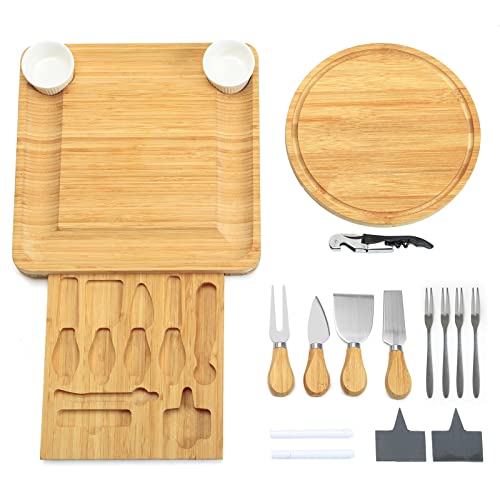 Smatto Cheese Board and Knife Set, Bamboo Charcuterie Board Set, 13’’x13’’ Cheese Serving Tray with 4 Knives, Drawer and Wine Opener for Housewarming Wedding Birthday Valentine's Day Gift