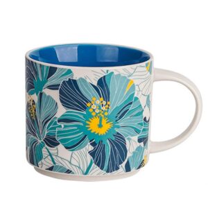 caalio ceramic tea cup coffee mug for office and home, hand painted with handles, vintage flower blossom mug, dishwasher microwave safe, blue - 15.8oz
