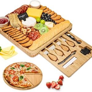 Smatto Cheese Board and Knife Set, Bamboo Charcuterie Board Set, 13’’x13’’ Cheese Serving Tray with 4 Knives, Drawer and Wine Opener for Housewarming Wedding Birthday Valentine's Day Gift