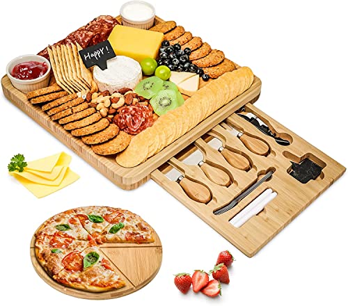 Smatto Cheese Board and Knife Set, Bamboo Charcuterie Board Set, 13’’x13’’ Cheese Serving Tray with 4 Knives, Drawer and Wine Opener for Housewarming Wedding Birthday Valentine's Day Gift