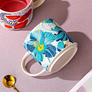 Caalio Ceramic Tea Cup Coffee Mug for Office and Home, Hand Painted with Handles, Vintage Flower Blossom Mug, Dishwasher Microwave Safe, Blue - 15.8oz