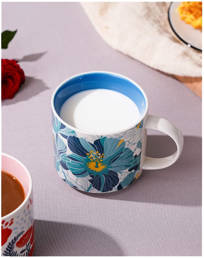 Caalio Ceramic Tea Cup Coffee Mug for Office and Home, Hand Painted with Handles, Vintage Flower Blossom Mug, Dishwasher Microwave Safe, Blue - 15.8oz