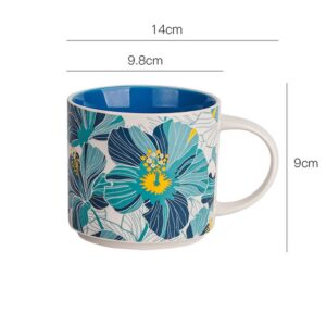 Caalio Ceramic Tea Cup Coffee Mug for Office and Home, Hand Painted with Handles, Vintage Flower Blossom Mug, Dishwasher Microwave Safe, Blue - 15.8oz