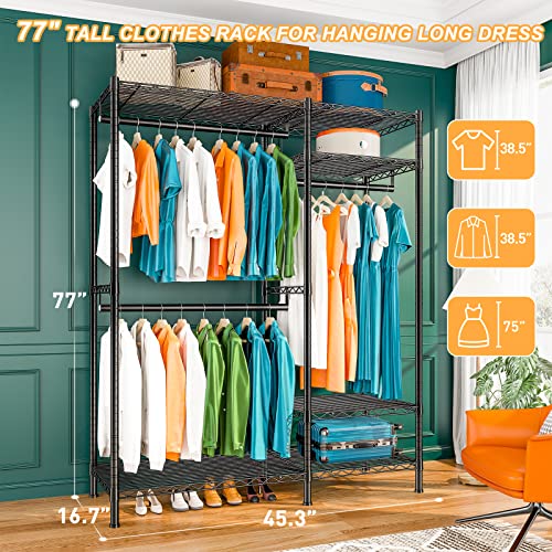 Raybee 77" H Clothes Rack Heavy Duty 705 LBS Capacity Metal Clothing Racks for Hanging Clothes Rack Heavy Duty Adjustable & Portabke Closet Garment Rack 45.3" W X 16.7" D X 77" H Balck