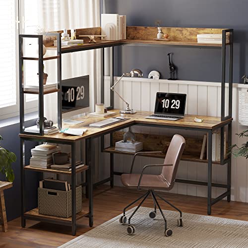 CubiCubi L-Shaped Desk with Hutch, 60" Corner Computer Desk, Large Home Office Desk with Bookshelf and Storage Shelves, Space-Saving, Rustic Brown