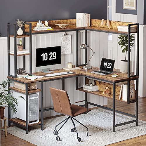 CubiCubi L-Shaped Desk with Hutch, 60" Corner Computer Desk, Large Home Office Desk with Bookshelf and Storage Shelves, Space-Saving, Rustic Brown