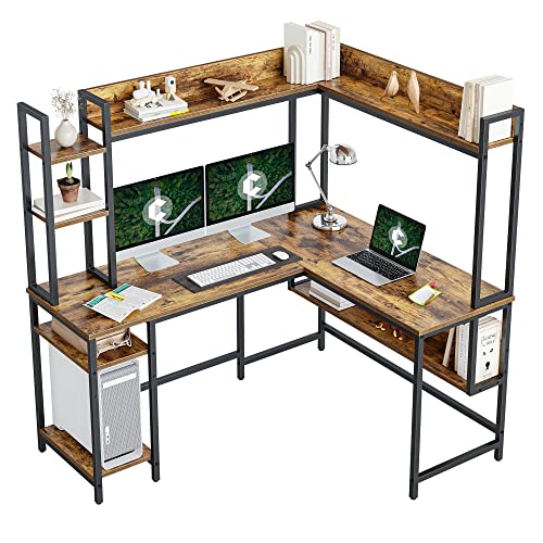 CubiCubi L-Shaped Desk with Hutch, 60" Corner Computer Desk, Large Home Office Desk with Bookshelf and Storage Shelves, Space-Saving, Rustic Brown