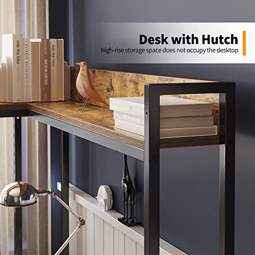 CubiCubi L-Shaped Desk with Hutch, 60" Corner Computer Desk, Large Home Office Desk with Bookshelf and Storage Shelves, Space-Saving, Rustic Brown