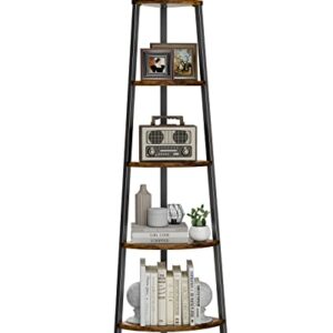 Pipishell Corner Shelf, 5 Tier Bookshelf Bookcase, Industrial Corner Bookshelf Plant Shelf for Bedroom, Living Room, Office, Kitchen, Display Shelf & Storage Ladder Corner Shelf, Rustic Brown