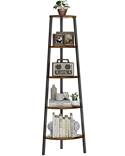 Pipishell Corner Shelf, 5 Tier Bookshelf Bookcase, Industrial Corner Bookshelf Plant Shelf for Bedroom, Living Room, Office, Kitchen, Display Shelf & Storage Ladder Corner Shelf, Rustic Brown