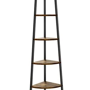 Pipishell Corner Shelf, 5 Tier Bookshelf Bookcase, Industrial Corner Bookshelf Plant Shelf for Bedroom, Living Room, Office, Kitchen, Display Shelf & Storage Ladder Corner Shelf, Rustic Brown