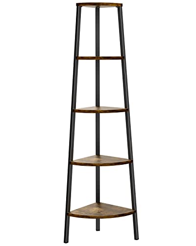 Pipishell Corner Shelf, 5 Tier Bookshelf Bookcase, Industrial Corner Bookshelf Plant Shelf for Bedroom, Living Room, Office, Kitchen, Display Shelf & Storage Ladder Corner Shelf, Rustic Brown