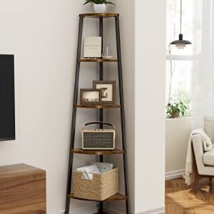 Pipishell Corner Shelf, 5 Tier Bookshelf Bookcase, Industrial Corner Bookshelf Plant Shelf for Bedroom, Living Room, Office, Kitchen, Display Shelf & Storage Ladder Corner Shelf, Rustic Brown