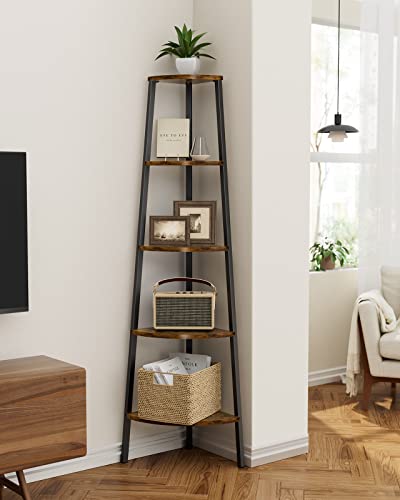 Pipishell Corner Shelf, 5 Tier Bookshelf Bookcase, Industrial Corner Bookshelf Plant Shelf for Bedroom, Living Room, Office, Kitchen, Display Shelf & Storage Ladder Corner Shelf, Rustic Brown