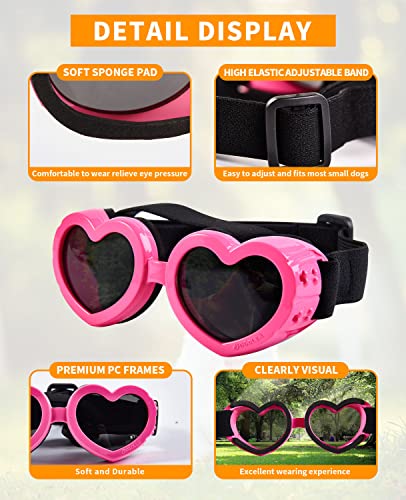 Suxible Dog Goggles Small Breed Dog Sunglasses, UV Protection Heart Shape Dog Sunglasses with Adjustable Strap, Waterproof Goggles for Dogs Doggy Pet Puppy Sun Glasses Doggie Windproof Glasses-Pink