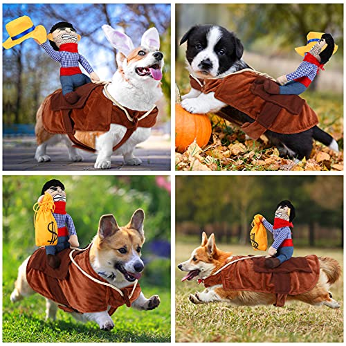 2 Pieces Cowboy Rider Dog Costume Knight Style Doll Hat and Money Bag Funny Saddle Pet Costume for Halloween Day Pet Carrying Costume Role Play Dog Halloween Party Cosplay Apparel (M)