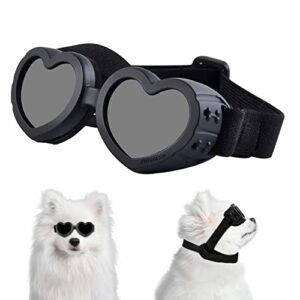 suxible dog goggles small breed dog sunglasses, uv protection heart shape dog sunglasses with adjustable strap, waterproof goggles for dogs doggy pet puppy sun glasses doggie windproof glasses-black