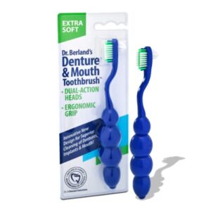 dr. b dental solutions ergonomic denture and mouth toothbrush, extra soft bristles removes adhesives, food, stains and odors, single blue pack