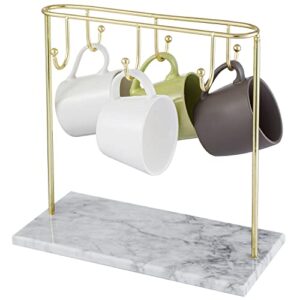 mygift countertop modern brass metal coffee mug holder rack stand with marble base and 6 hooks, decorative tea cup storage display rack