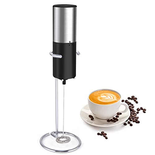 Electric Milk Frother Handheld Mini Foam Maker for Lattes - Whisk Drink Mixer for Coffee with Stainless Steel Stand | Powerful Milk Frother Handheld for Lattes Frappe Matcha Hot Chocolate-Black