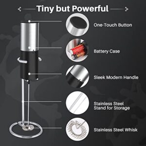 Electric Milk Frother Handheld Mini Foam Maker for Lattes - Whisk Drink Mixer for Coffee with Stainless Steel Stand | Powerful Milk Frother Handheld for Lattes Frappe Matcha Hot Chocolate-Black