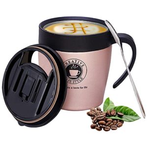douson 12oz coffee mug cup with handle and lid, insulated stainless steel coffee travel mug, double wall vacuum tumbler cup include lid insulated, ideal for hot & cold drinks, rose gold