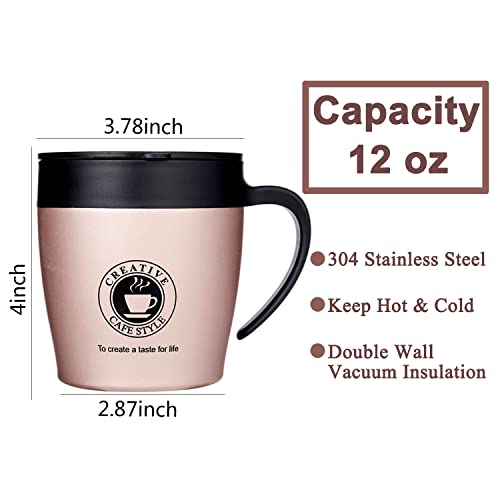 DOUSON 12oz Coffee Mug Cup with Handle and Lid, Insulated Stainless Steel Coffee Travel Mug, Double Wall Vacuum Tumbler Cup Include Lid Insulated, Ideal for Hot & Cold Drinks, Rose Gold