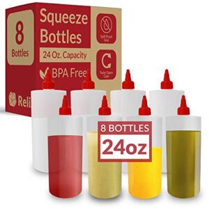 reli. plastic squeeze bottles, 24 oz. | 8 pack | condiment squeeze bottles for sauces | clear w/red twist cap | 24 ounce hot sauce, ketchup bottles | squirt bottles for condiments, olive oil, liquids