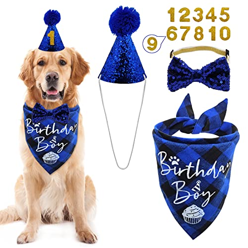 Dog Birthday Party Supplies, LMSHOWOWO Reusable Boy Dog Birthday Bandana Scarf Set, Cute Dog Birthday Hat with Number Bow Tie for Small Medium Large Dog Pet (Blue)