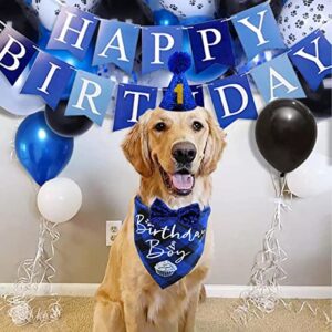 Dog Birthday Party Supplies, LMSHOWOWO Reusable Boy Dog Birthday Bandana Scarf Set, Cute Dog Birthday Hat with Number Bow Tie for Small Medium Large Dog Pet (Blue)