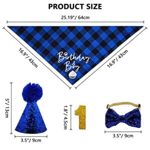 Dog Birthday Party Supplies, LMSHOWOWO Reusable Boy Dog Birthday Bandana Scarf Set, Cute Dog Birthday Hat with Number Bow Tie for Small Medium Large Dog Pet (Blue)