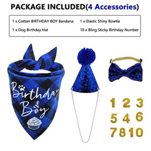 Dog Birthday Party Supplies, LMSHOWOWO Reusable Boy Dog Birthday Bandana Scarf Set, Cute Dog Birthday Hat with Number Bow Tie for Small Medium Large Dog Pet (Blue)