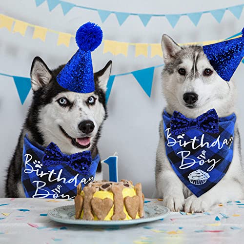 Dog Birthday Party Supplies, LMSHOWOWO Reusable Boy Dog Birthday Bandana Scarf Set, Cute Dog Birthday Hat with Number Bow Tie for Small Medium Large Dog Pet (Blue)