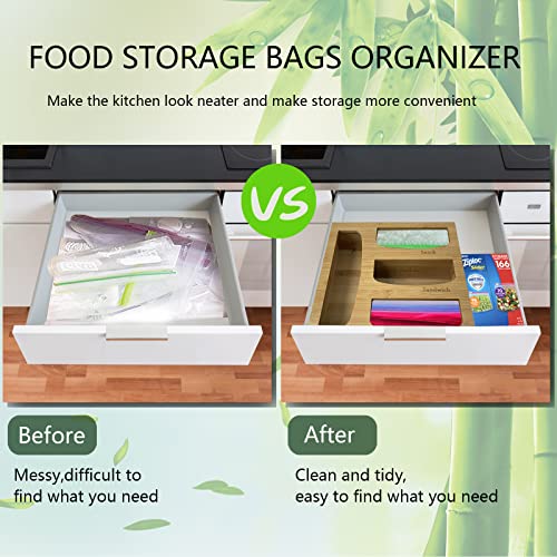 Bamboo Ziplock Bag Organizer for Kitchen Drawer - Food Storage Plastic Bag Dispenser Holder Containers, Openable Lid Bamboo Organization Box for Gallon, Snack, Sandwich, Quart Various Size Bags, Gifts for Her/Women